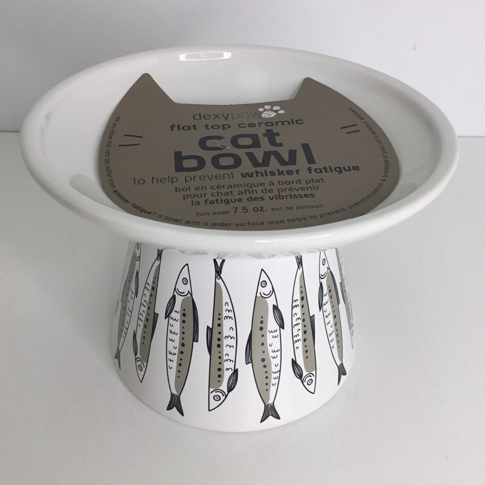 Raised Cat Kitten Food Bowl Elevated White with Fish Images NEW